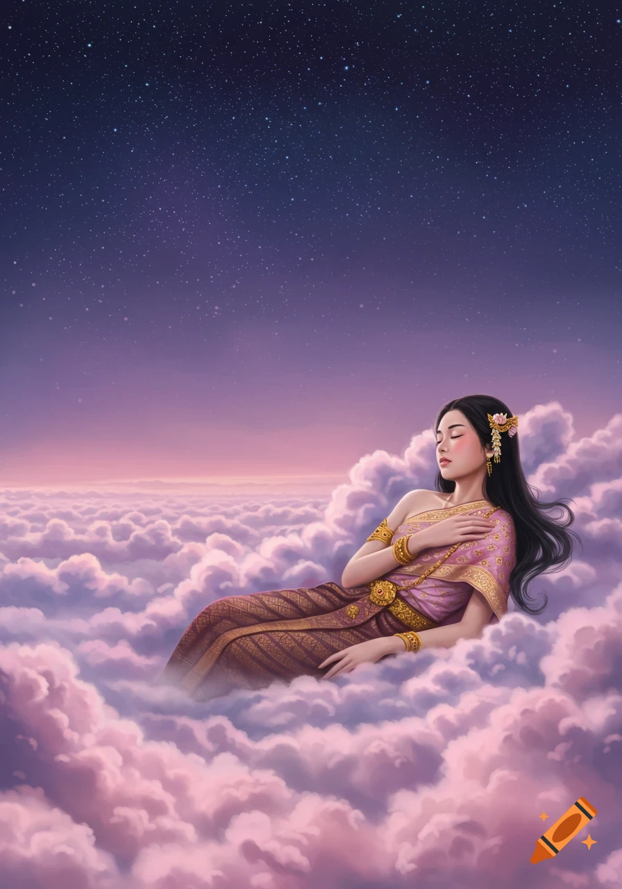A beautiful woman in traditional Thai dress with golden jewelry rests on purple and pink clouds under a starry night sky.