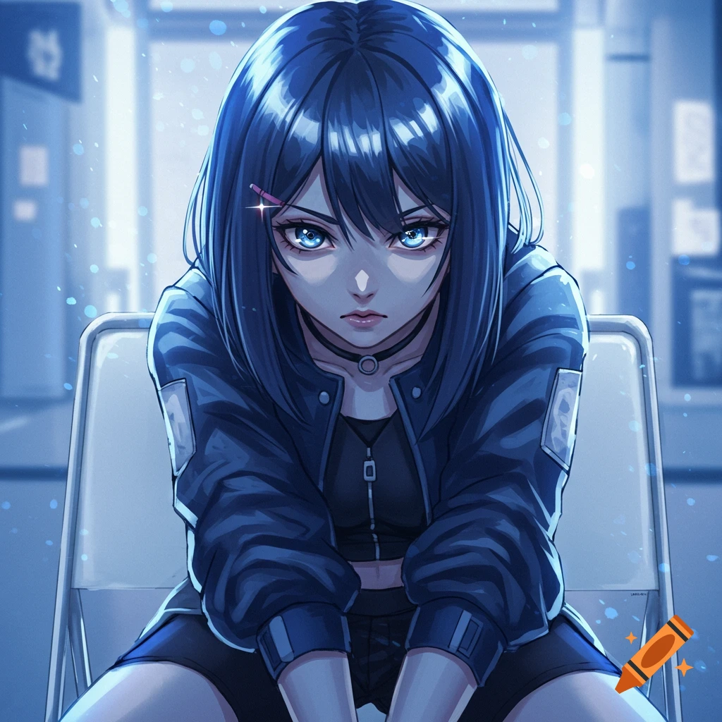 A blue-haired anime girl with glowing blue eyes sits and stares forward in a blue-lit room.