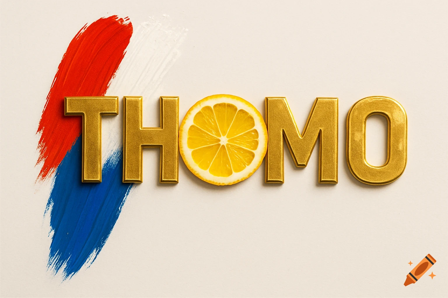 Gold letters 'TH' and 'MO' around a lemon slice, with red, white, and blue paint strokes on a light background.
