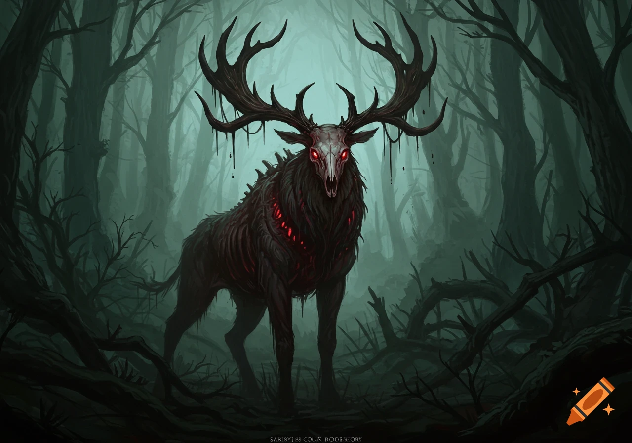 A terrifying, skeletal deer-like creature with large antlers and glowing red eyes stands in a dark, misty forest, digital painting.