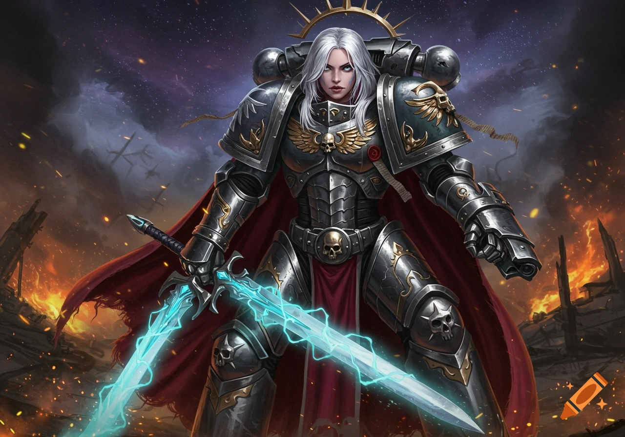 A female Space Marine in intricate power armor holds a glowing energy sword amidst a burning, war-torn landscape.
