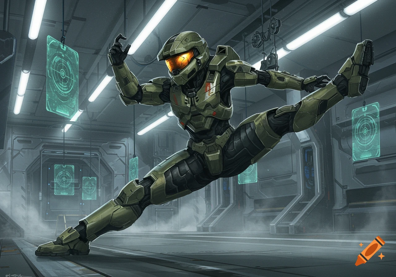 A heavily armored Spartan soldier from Halo performs a split mid-air in a futuristic gray room with glowing light panels and fluorescent lights.