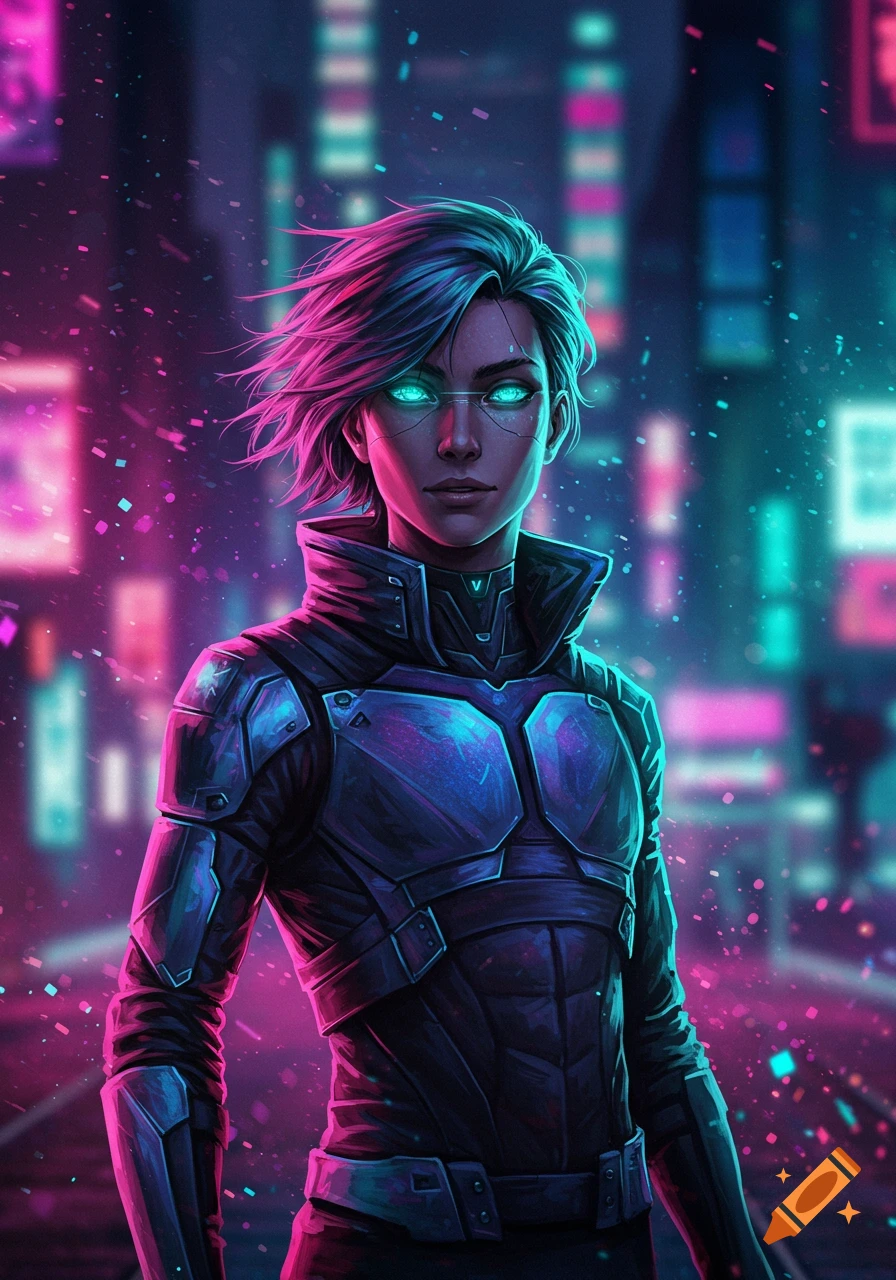 A futuristic character with glowing blue eyes and pink and blue hair wears armor in a neon cyberpunk city.