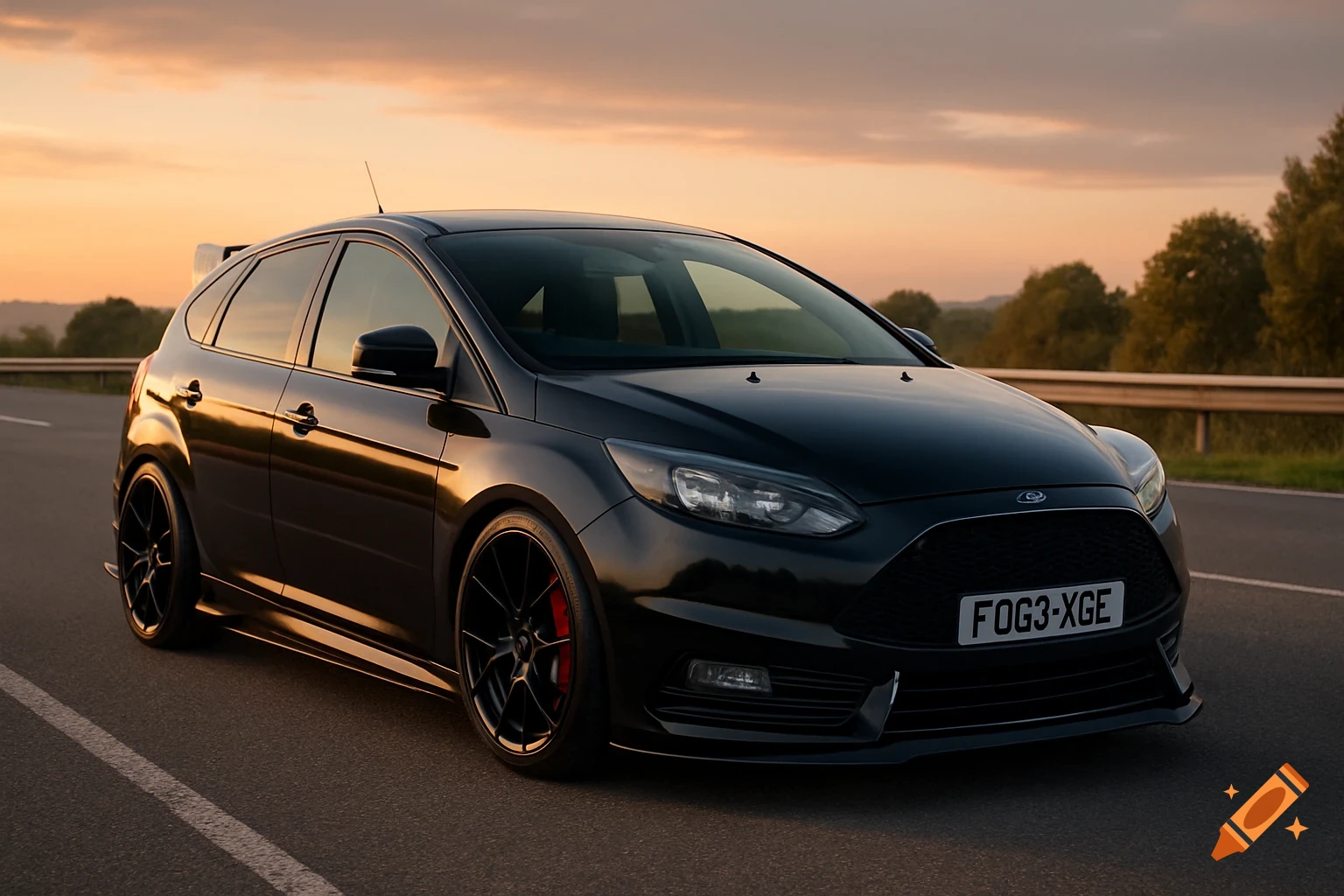A sleek, black, modified Ford Focus hatchback parked on a road at sunset, with photorealistic detail.