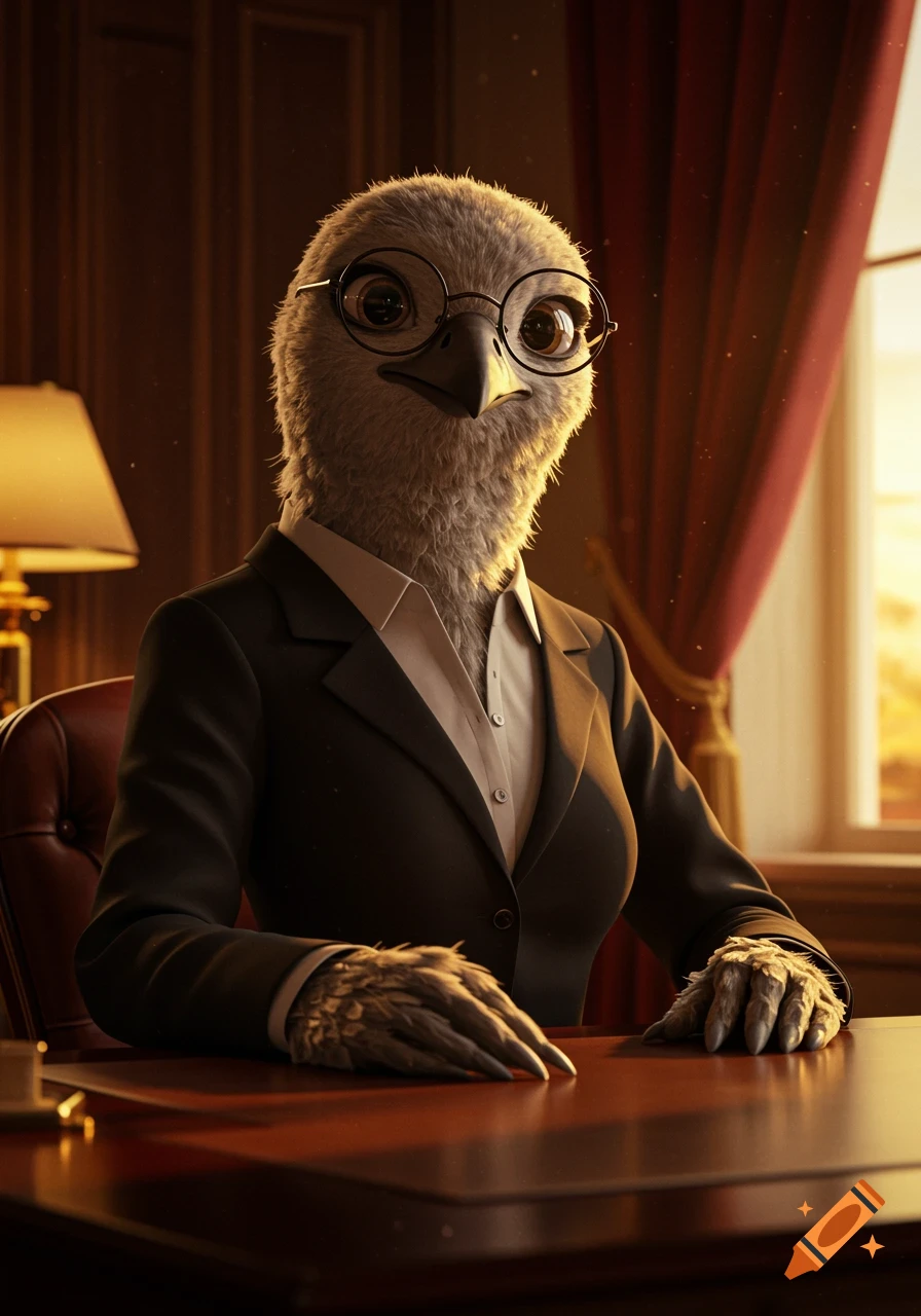 A photorealistic humanoid bird in a black suit and glasses sits at a desk, looking forward.
