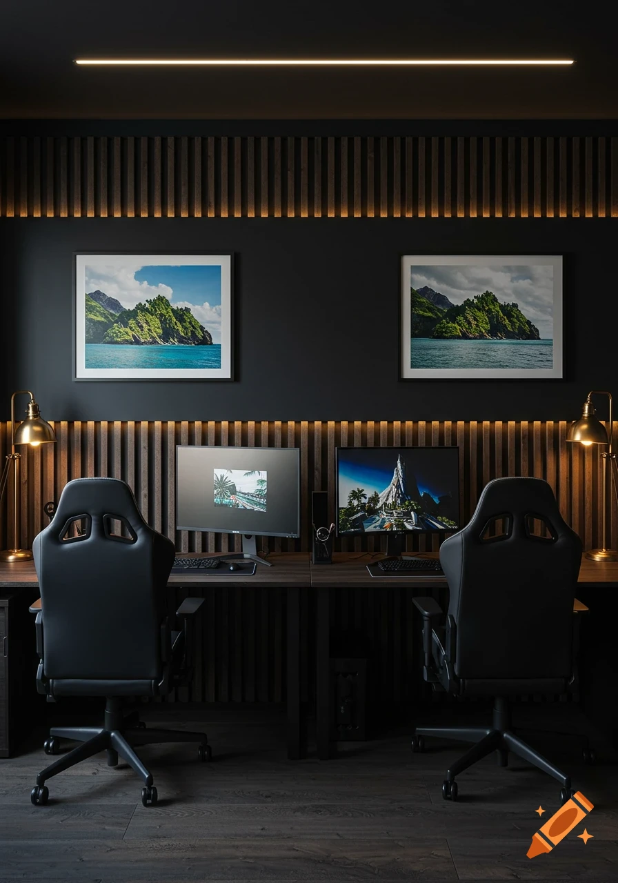 A modern dark office setup featuring two desks, black gaming chairs, monitors, and framed tropical island prints.