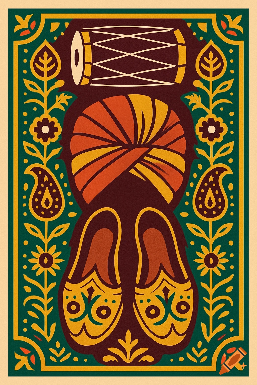 A stylized illustration of a dhol drum, turban, and traditional Punjabi shoes, framed by intricate patterns in green, gold, and red-brown.