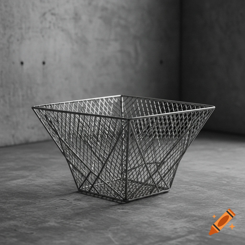 A grayscale steel mesh basket with trapezoidal sides sits on a concrete surface against a concrete wall.