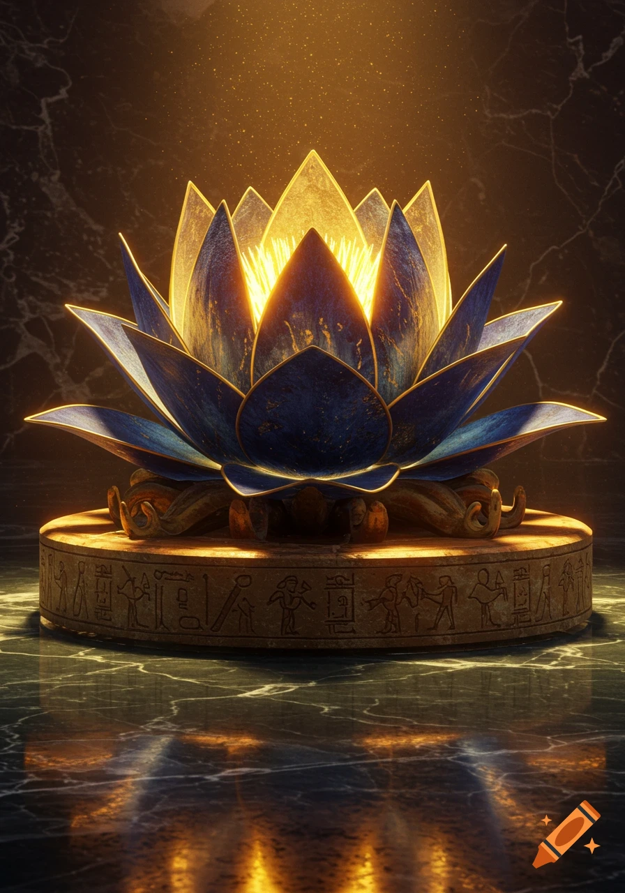 A glowing blue and gold lotus flower statue on a dark, carved stone pedestal, reflecting light on a marble surface.
