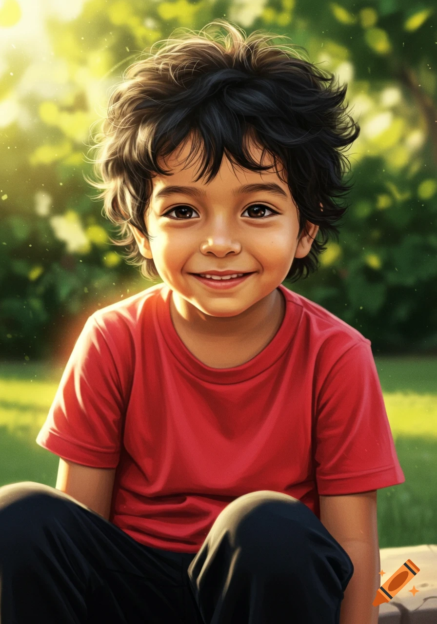 A smiling boy with curly dark hair and brown eyes wears a red t-shirt and black pants, sitting outdoors in bright sunlight.