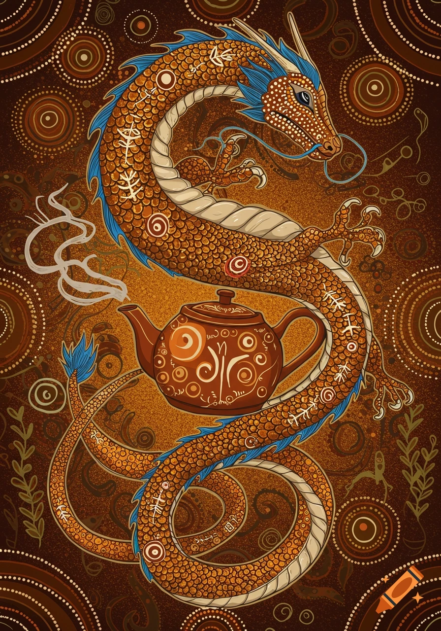 Dragon and teapot in Aboriginal art style, with intricate dot patterns and earthy tones.