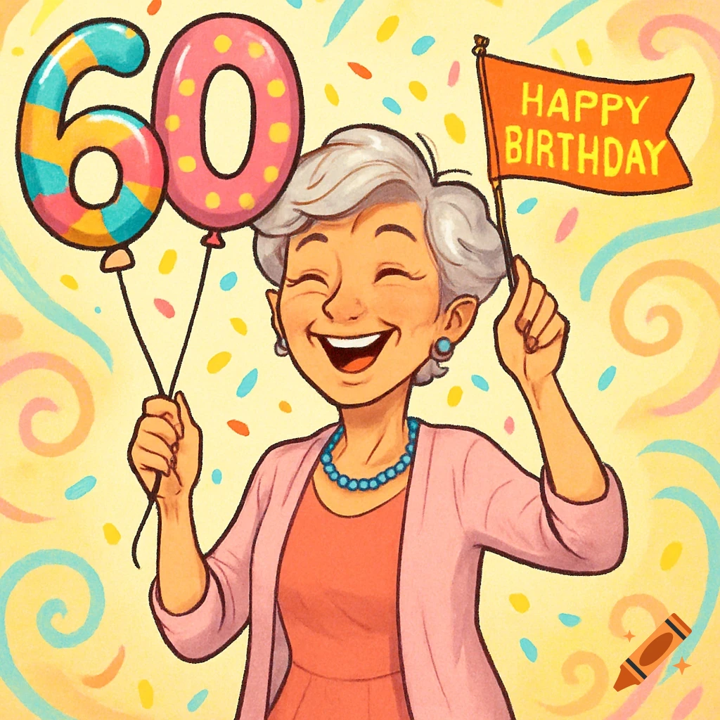 A smiling elderly woman holding balloons with '60' on them and a flag that says 'HAPPY BIRTHDAY' amidst confetti.