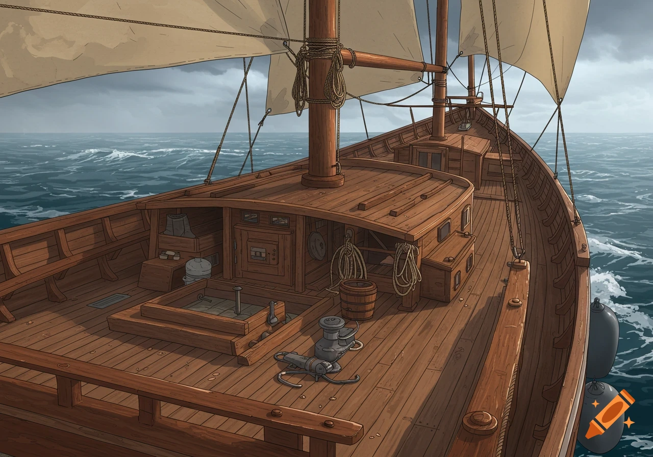 A detailed illustration of a wooden boat sailing on a choppy ocean under a cloudy sky.