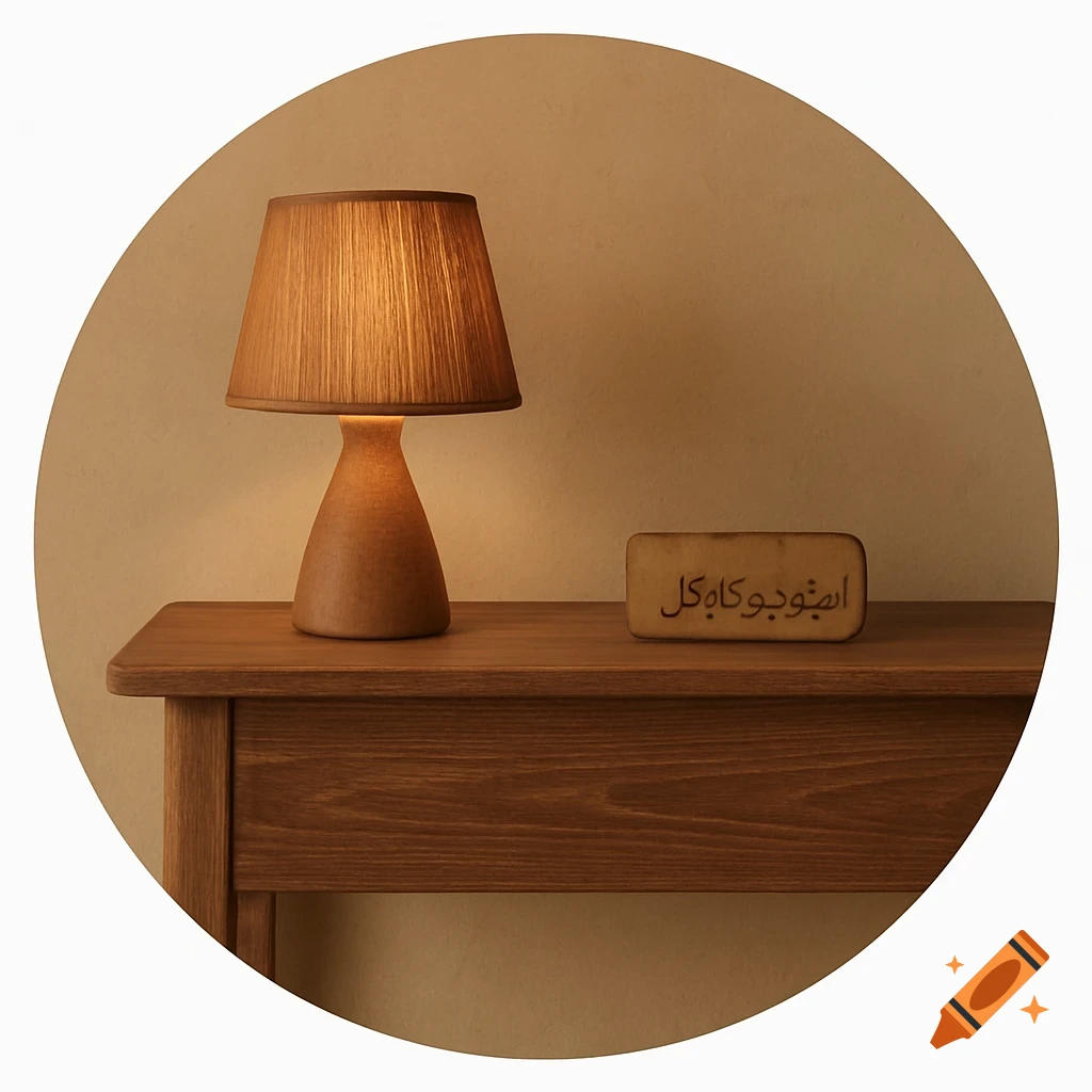 A cozy, minimalist wooden table lamp and a plaque with Persian text on a wooden table, with warm lighting, inside a circular frame.