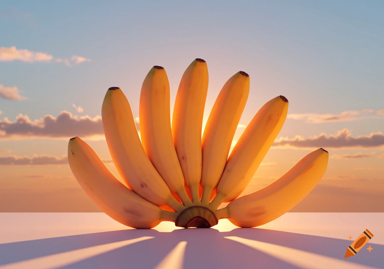 A fan of ripe yellow bananas silhouetted against a vibrant orange and blue sunrise sky, casting long shadows.