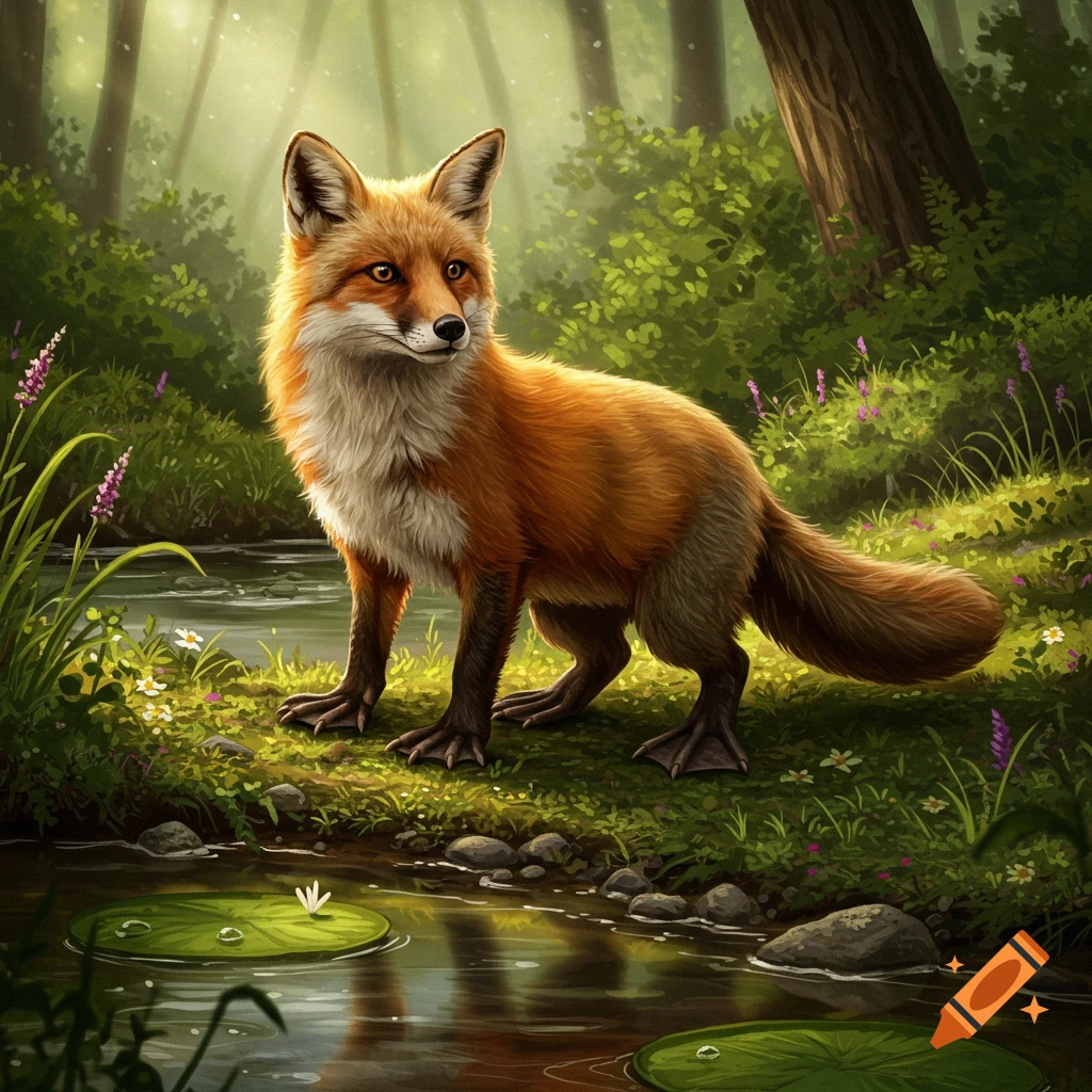A furry fox-like creature with webbed platypus feet stands by a stream in a sunlit forest.