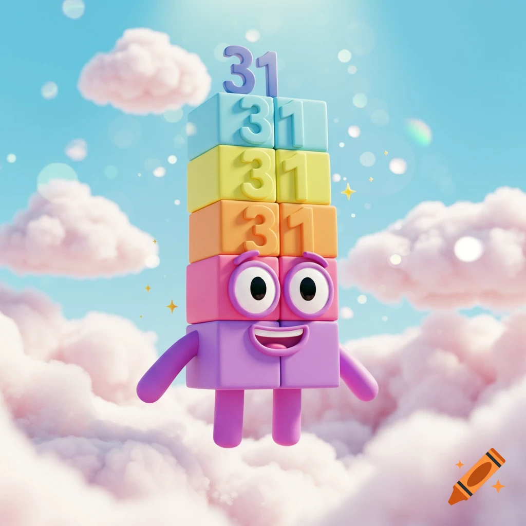 A cheerful character made of colorful blocks, each with '31' on it, floats among pink clouds in a bright blue sky.