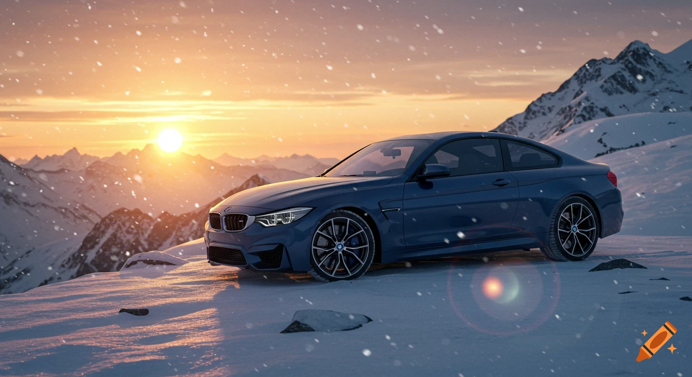 A blue BMW M4 sports car parked on a snow-covered mountain at sunset with snow falling.