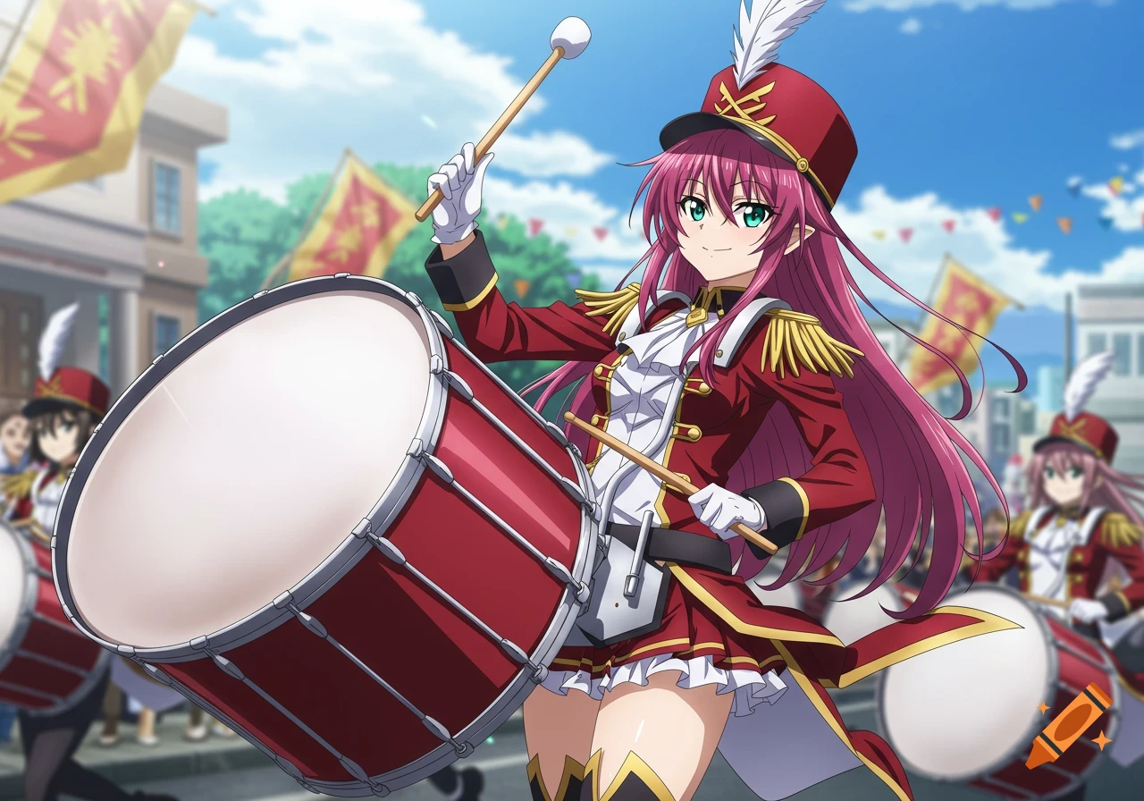 An anime girl with long pink hair and green eyes in a red and gold drum majorette uniform plays a large bass drum in a parade.