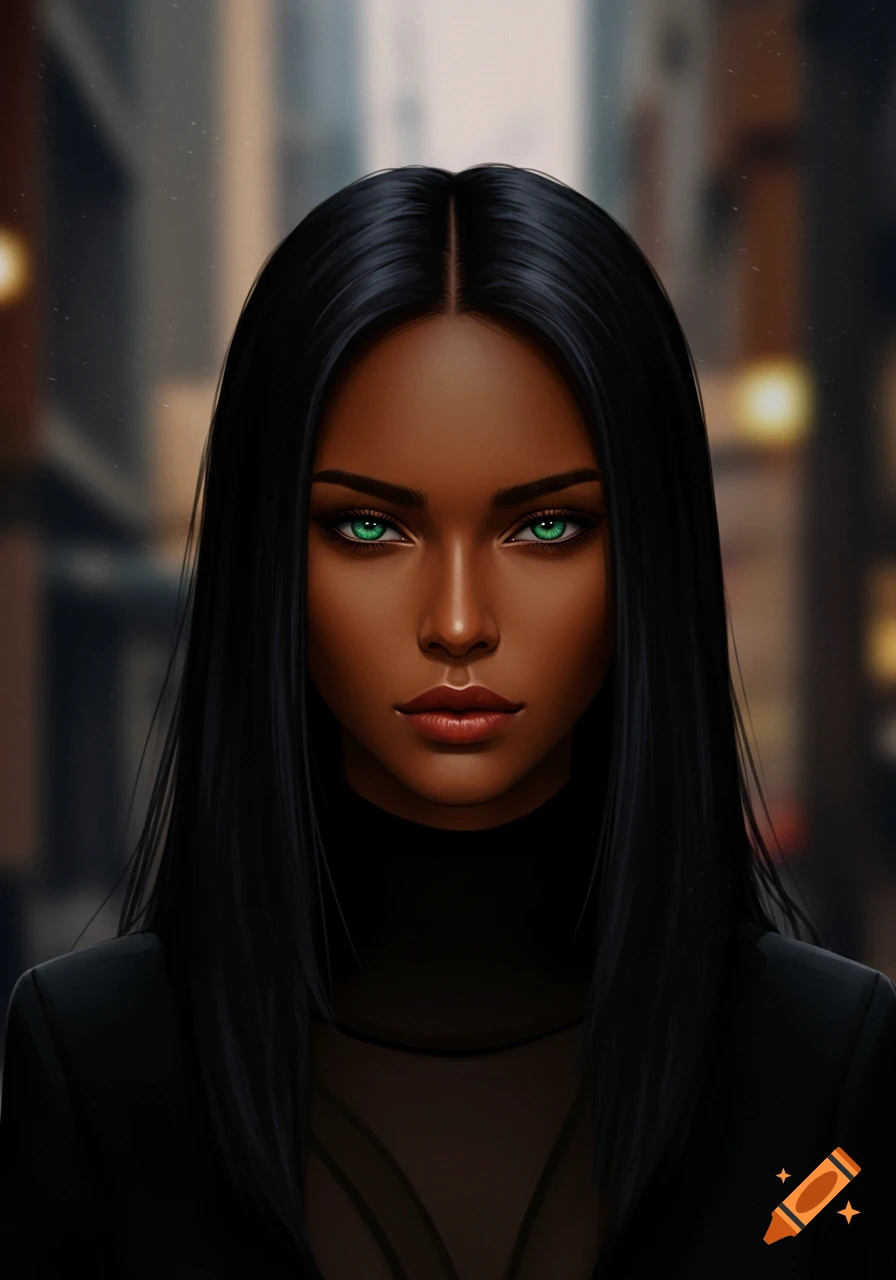 A stylized digital portrait of a woman with dark skin, long black hair, and vibrant green eyes, wearing black clothing.
