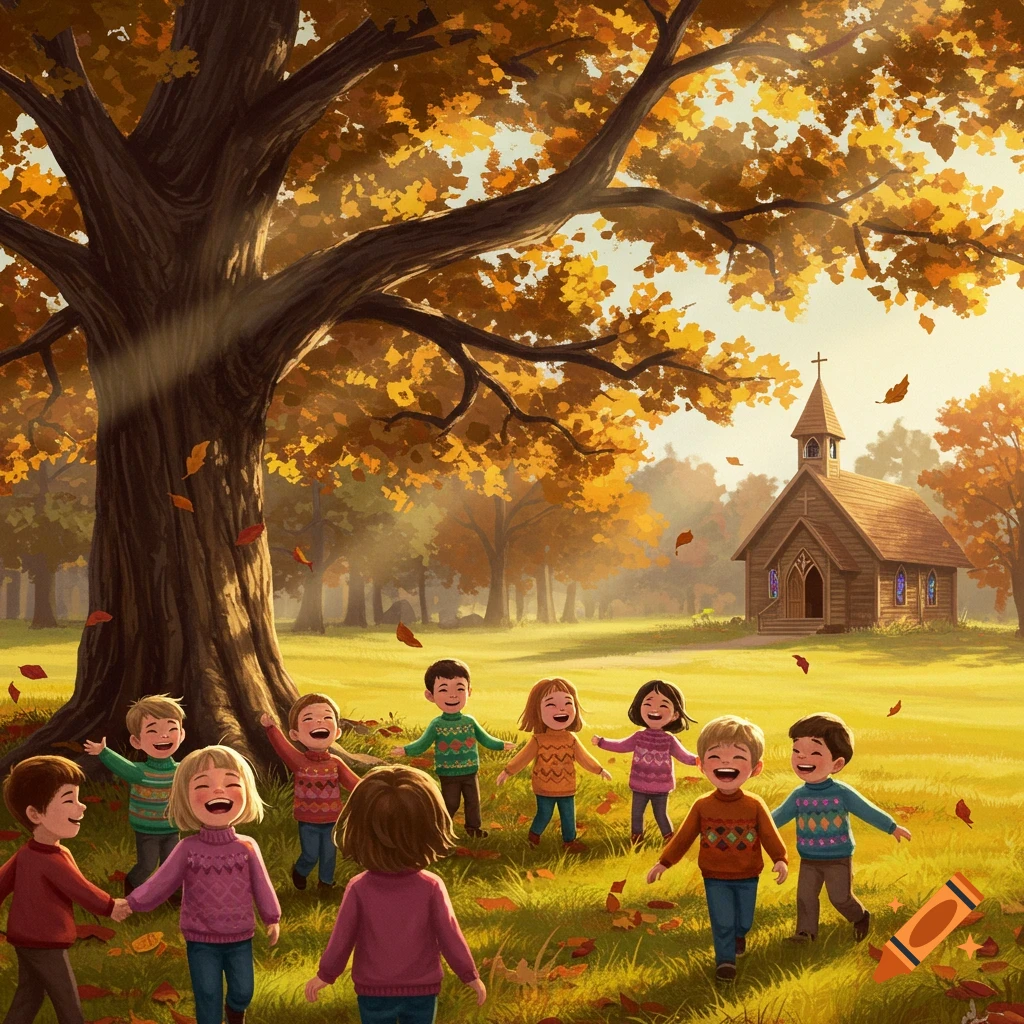Happy children play in an autumnal field with a large tree and a wooden church in the background, in a whimsical illustration style.