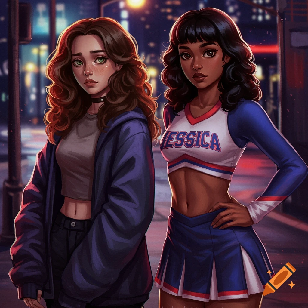 Two stylized girls, one a cheerleader named Jessica and one in a purple hoodie, stand on a city street at night.