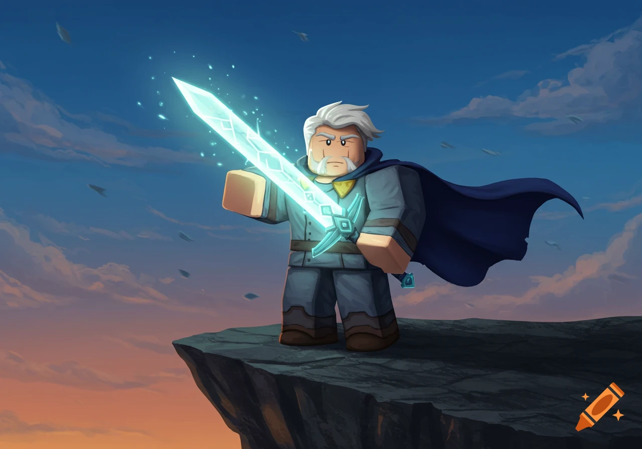 A wise old Roblox character with a glowing sword stands on a cliff edge at dusk, with his cape blowing.