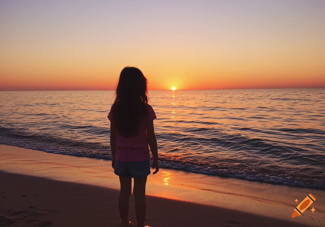 A young girl stands on a beach, silhouetted against a vibrant sunset over the ocean. Photorealistic style.