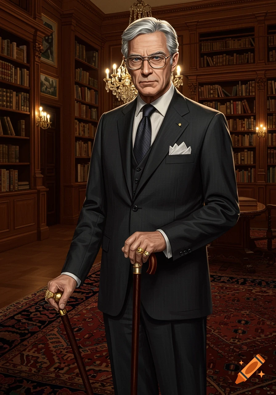 A distinguished man in a suit and glasses stands in a grand library, holding two canes.