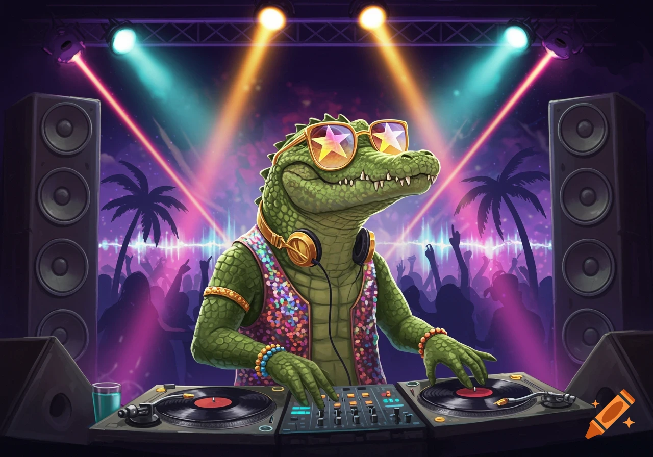 A cartoon crocodile DJ with sunglasses and headphones mixing music on turntables at a vibrant, neon-lit party with a silhouetted crowd.