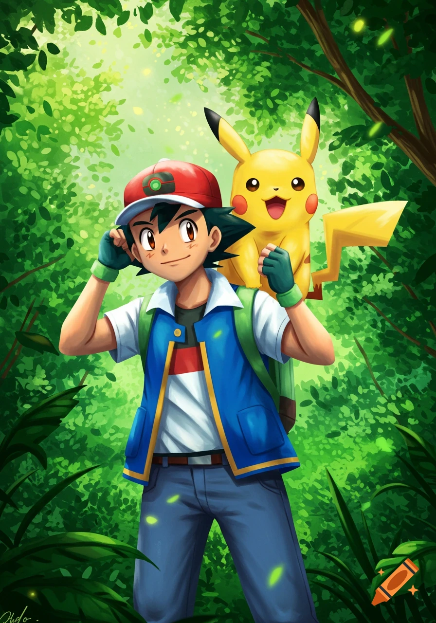 Digital illustration of Ash Ketchum smiling with Pikachu on his shoulder in a bright green forest.