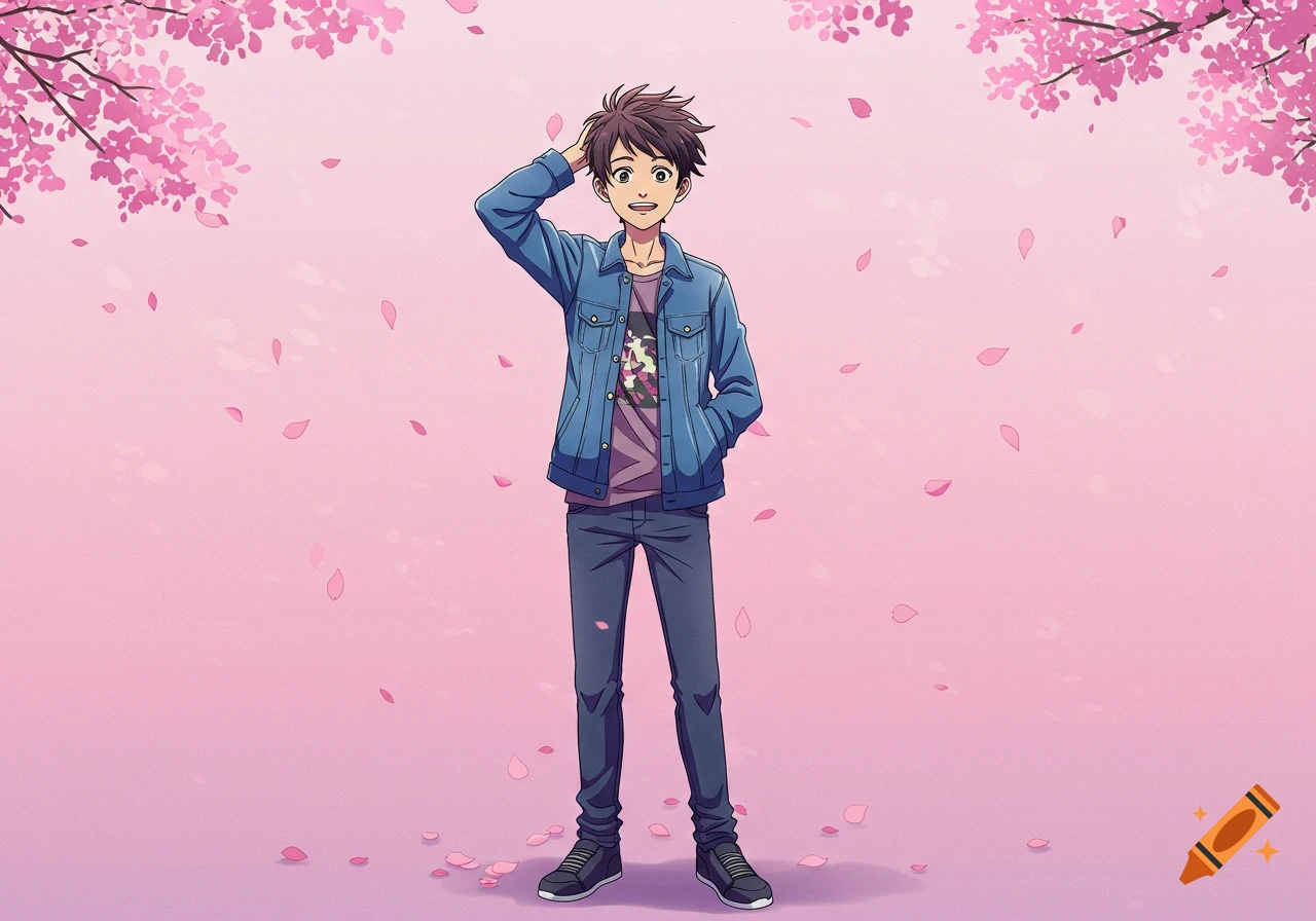 An anime-style teenage boy stands in a field of pink cherry blossoms and falling petals.