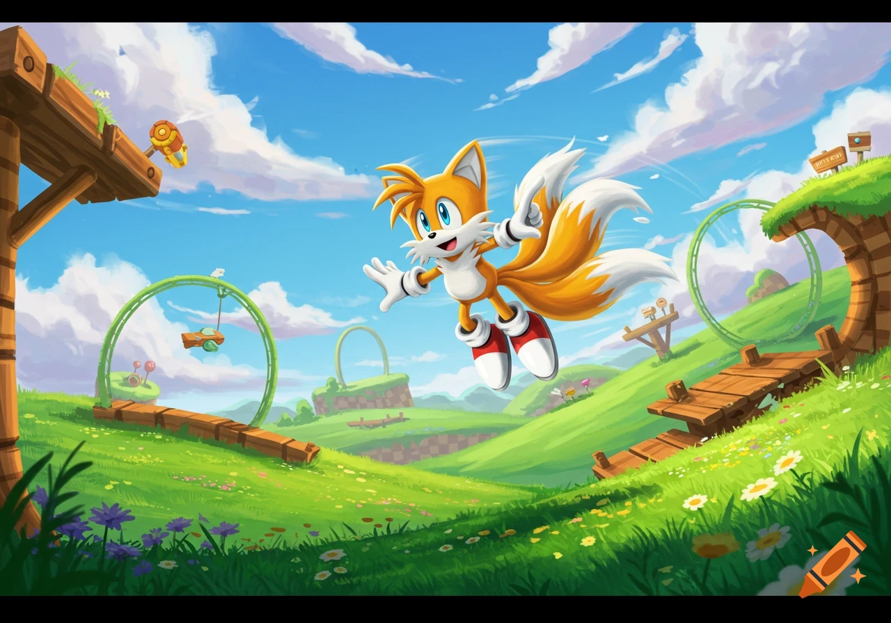 Tails the fox character leaps through a vibrant, sunny green landscape with clouds, wooden structures, and ring-like objects, in a cartoon style.