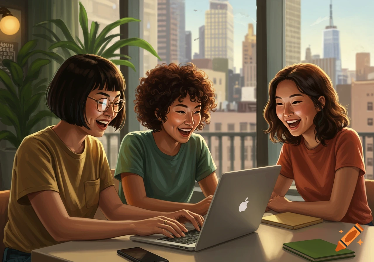 Three happy women smile and laugh while looking at a laptop in a bright room with a city view, digital art style.
