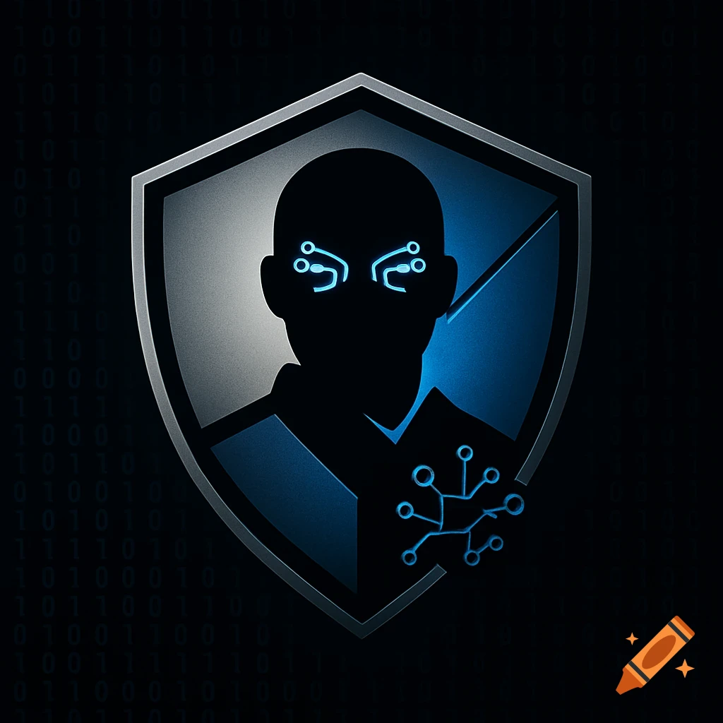 A black silhouette of a person's head and shoulders inside a metallic shield, with glowing blue circuit patterns for eyes and another circuit element below. Binary code is in the dark background.