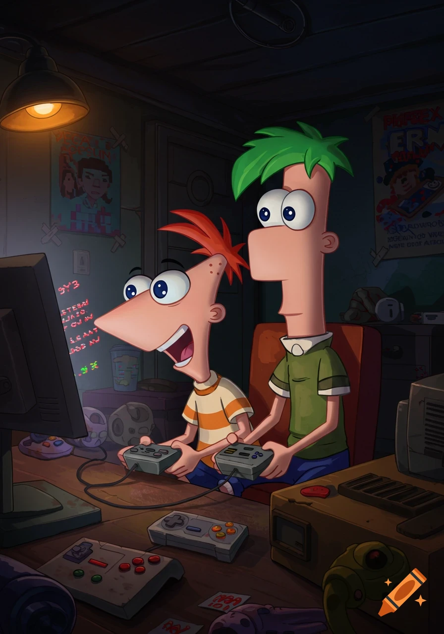 Phineas and Ferb are animated characters playing video games in a dimly lit room, holding retro game controllers. The screen shows pixelated green text.