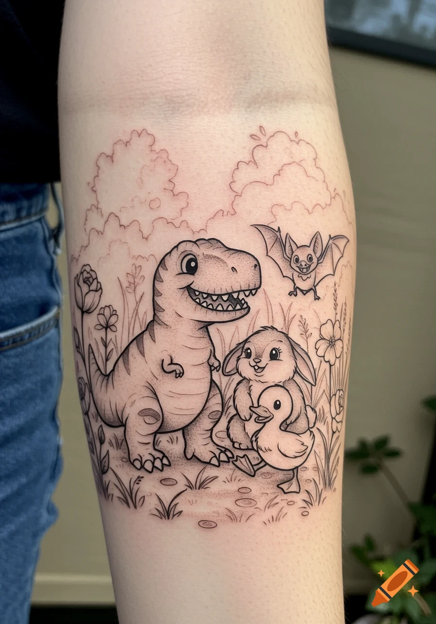 A black and grey line art tattoo on a forearm depicts a happy T-Rex, a bunny, and a duckling in a field, with a bat flying above them. Flowers and clouds fill the background in a cartoon style.