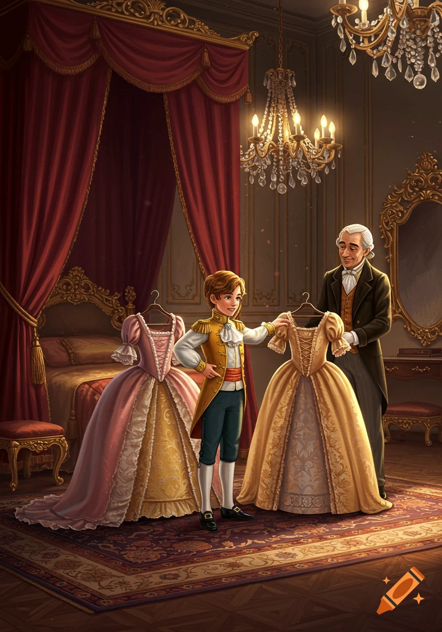 A young prince and a butler in a lavish room, with the prince holding a golden gown and a pink gown beside him.
