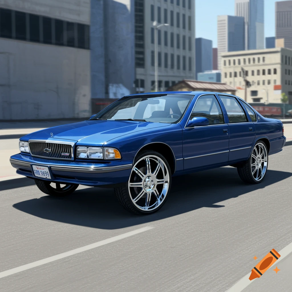 A blue 1994 Impala SS sedan with chrome 24-inch iroc wheels on a city street.