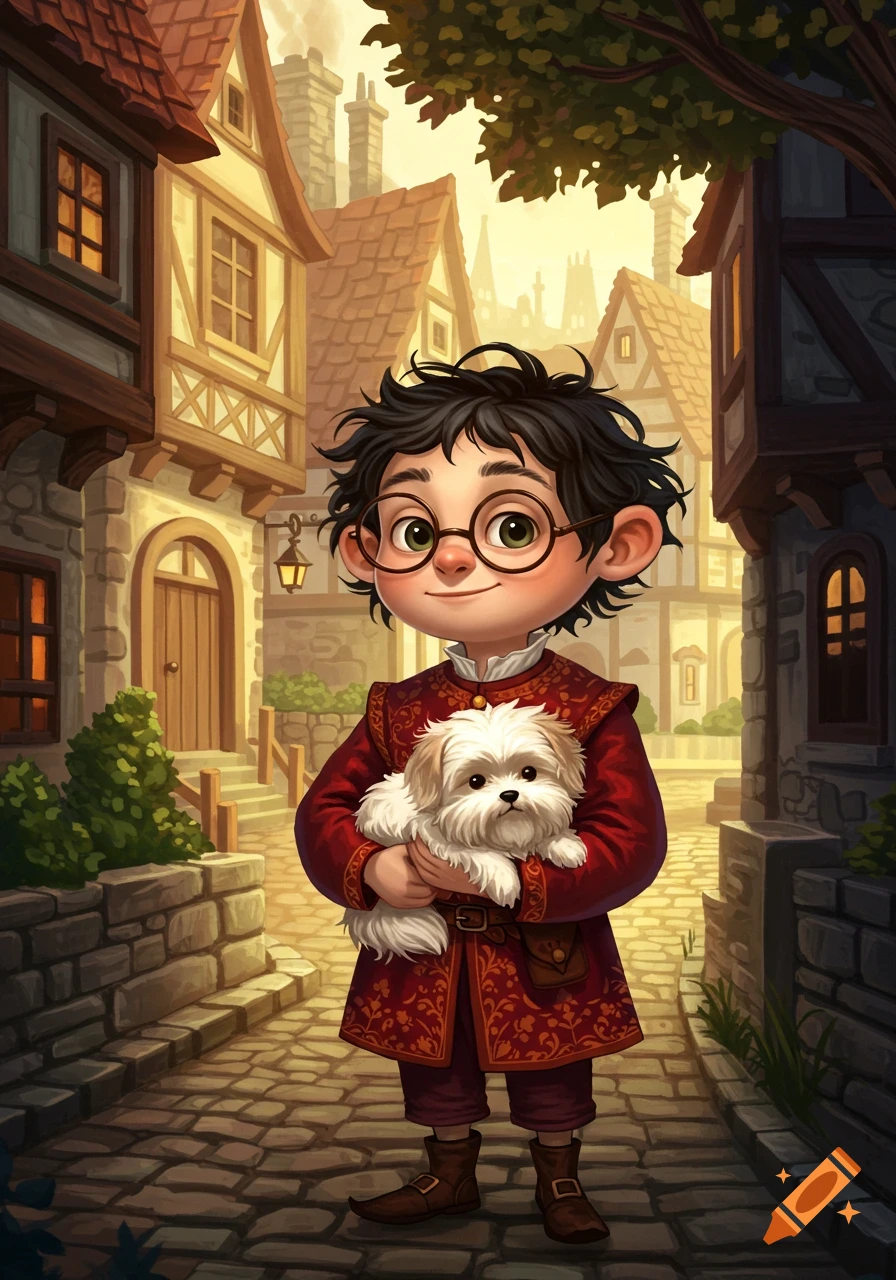 A cartoon boy with messy black hair and round glasses holds a fluffy white dog in a medieval village.