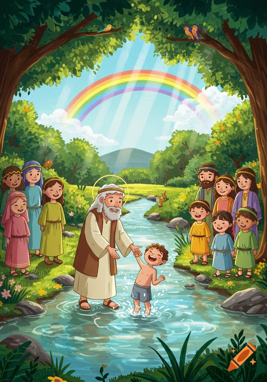 A cartoon illustration of a Jesus-like figure baptizing a child in a river, with other adults and children watching in a lush forest with a rainbow.