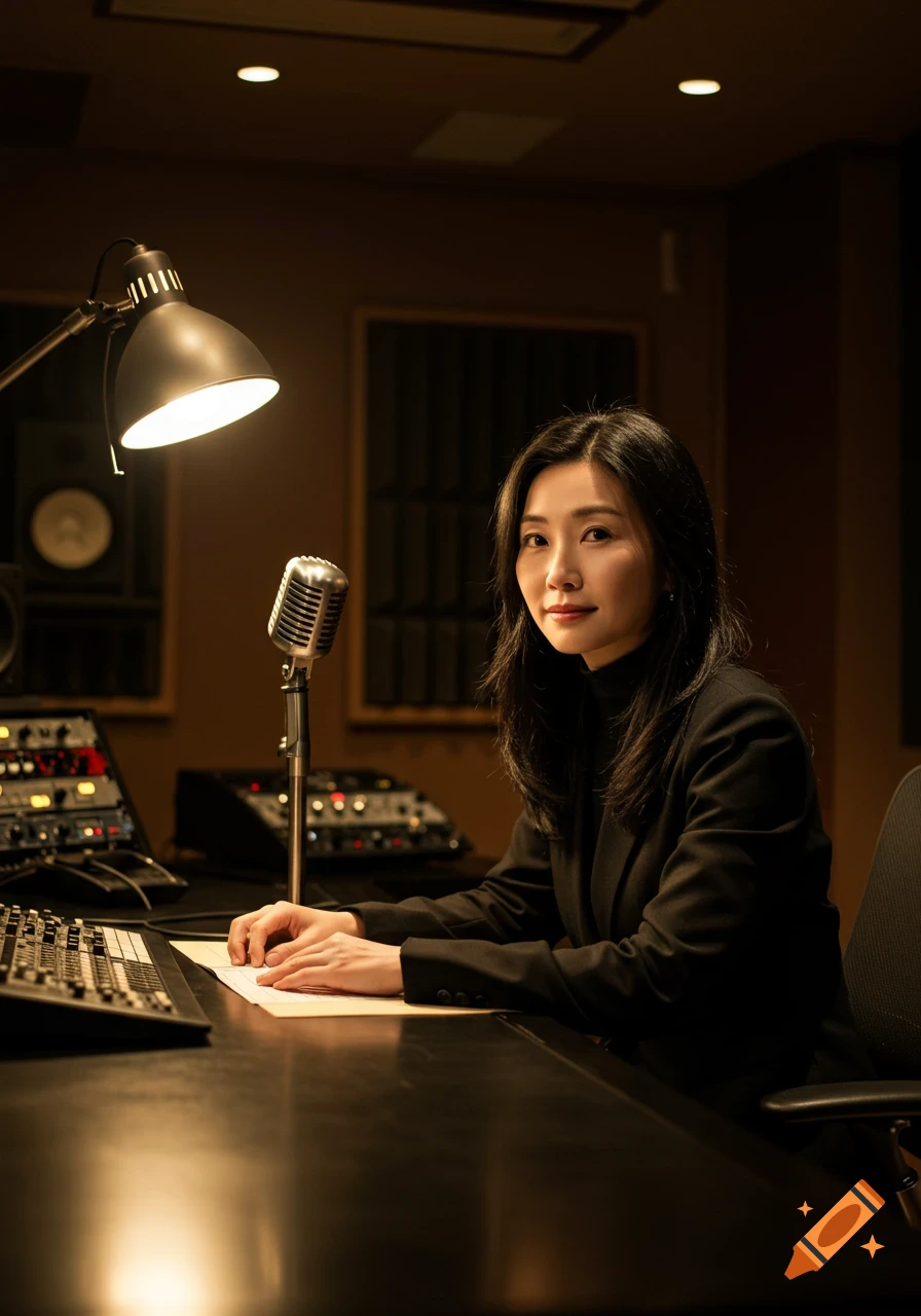 A woman with long dark hair sits at a desk in a dimly lit recording studio, a vintage microphone in front of her.