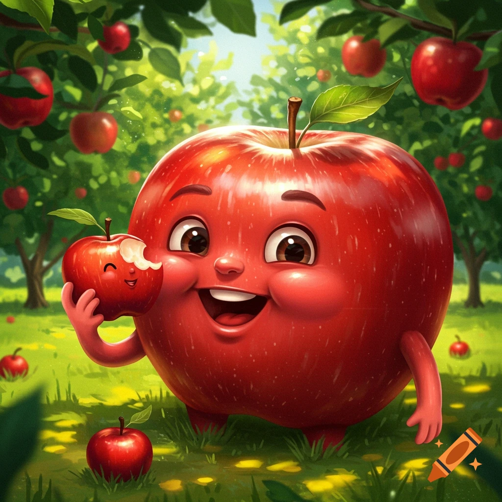 A large, happy red apple cartoon character holds a smaller, bitten red apple with a smiling face in a lush apple orchard.