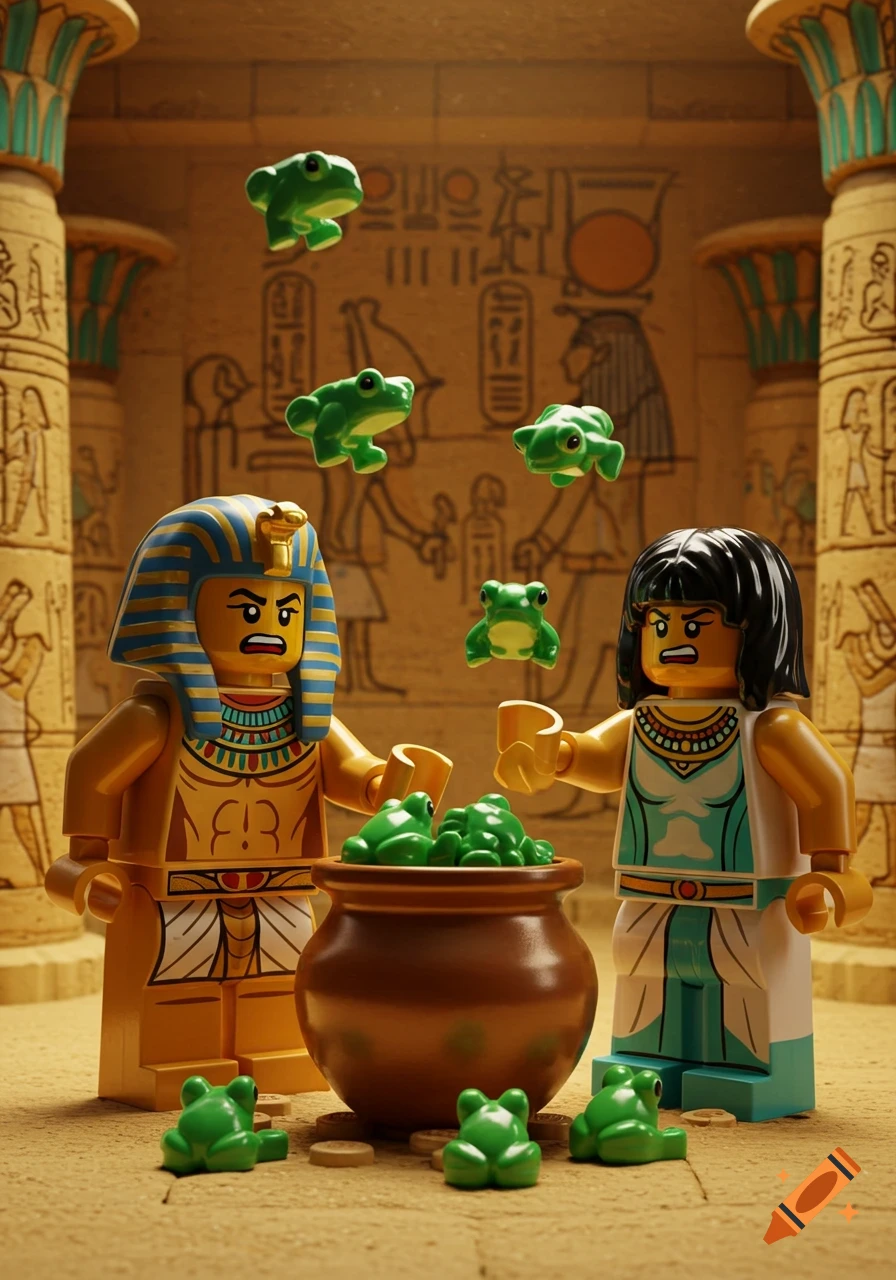 Lego Pharaoh and Egyptian woman looking distressed as green frogs emerge from and surround a brown pot in an ancient Egyptian tomb.