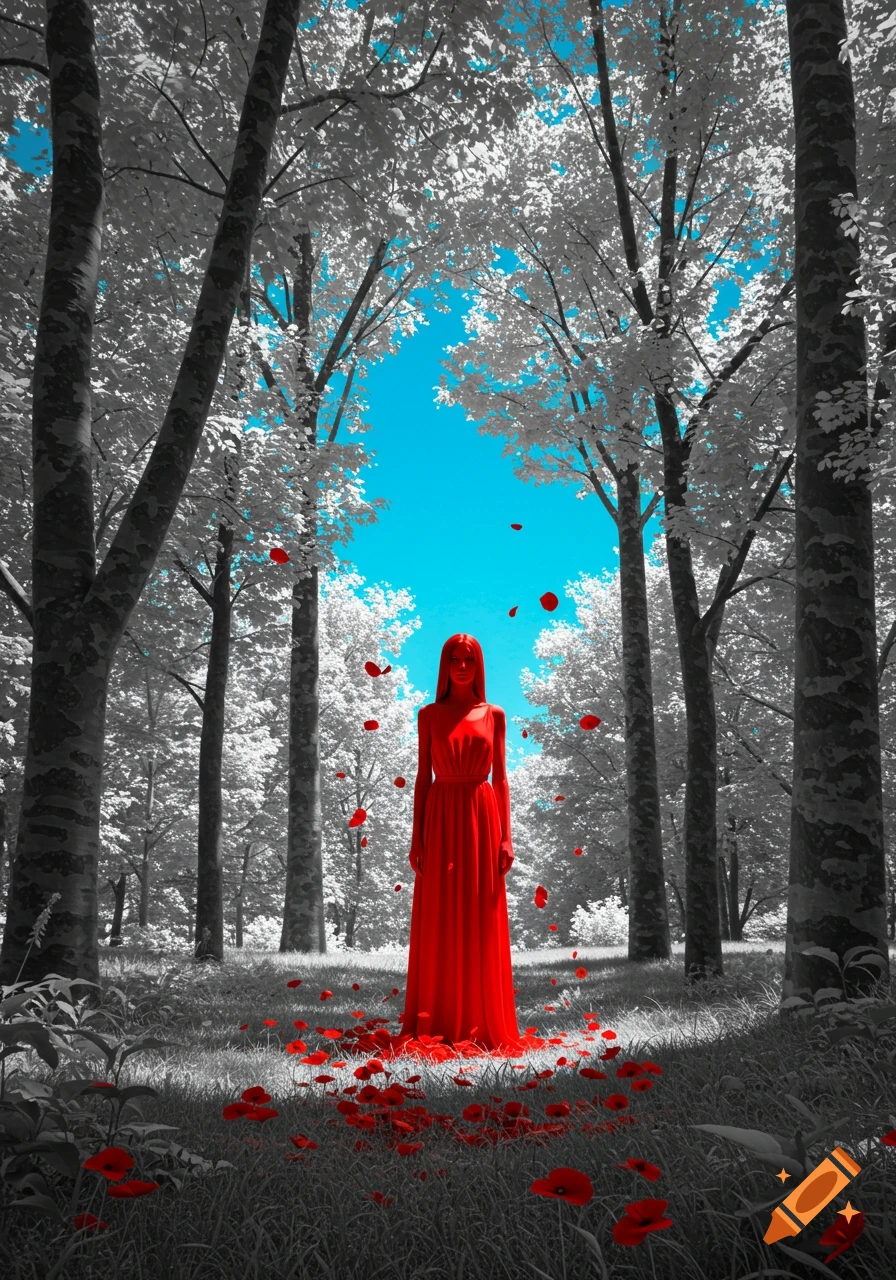 A woman in a vibrant red dress stands in a black and white forest under a bright blue sky, with red flowers on the ground.