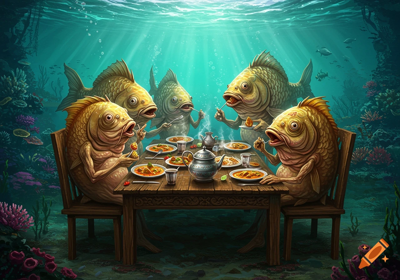 Grotesque carp fish with humanoid arms sit around a wooden table underwater, eating curry amidst vibrant coral and aquatic plants.