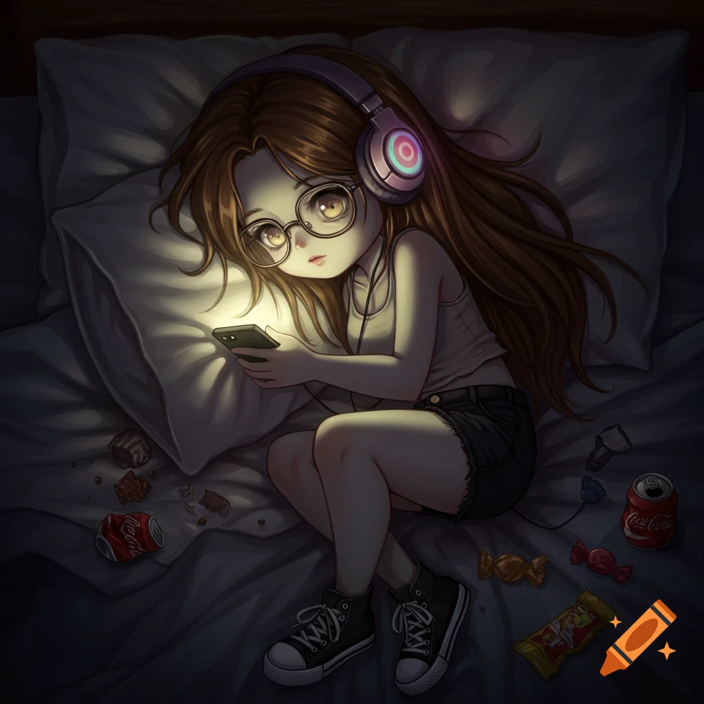 An anime girl with long brown hair and glasses lies in a dim room on her bed, illuminated by her phone, wearing headphones, a tank top, shorts, and converse shoes. Snacks and a crushed soda can are around her.