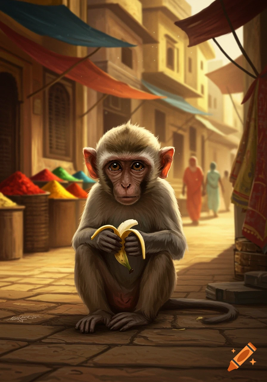 A sad little monkey sits on a sunlit Indian village street, peeling a banana, in a stylized digital painting.
