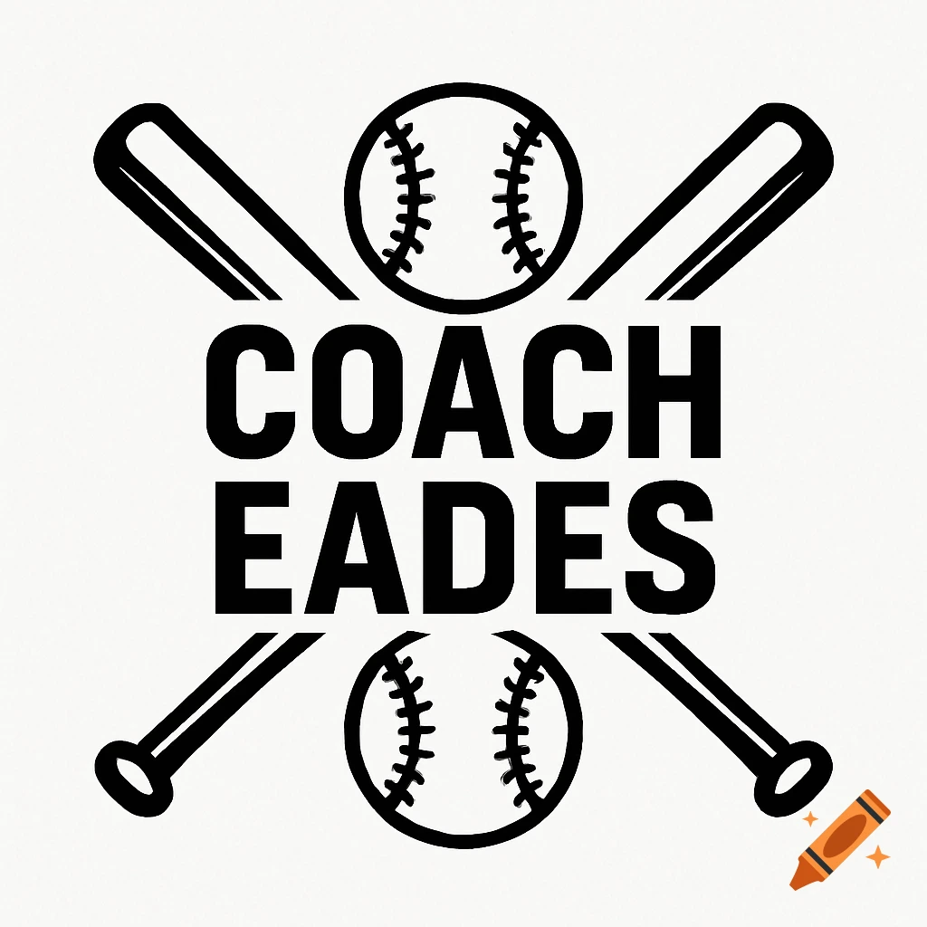 A black and white logo featuring the words "COACH EADES" centered between two crossed baseball bats and two baseballs.