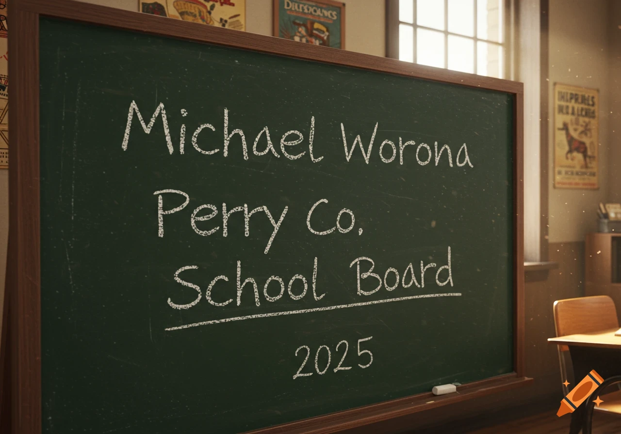 A close-up view of a green chalkboard with 'Michael Worona Perry Co. School Board 2025' written in white chalk in a classroom setting.